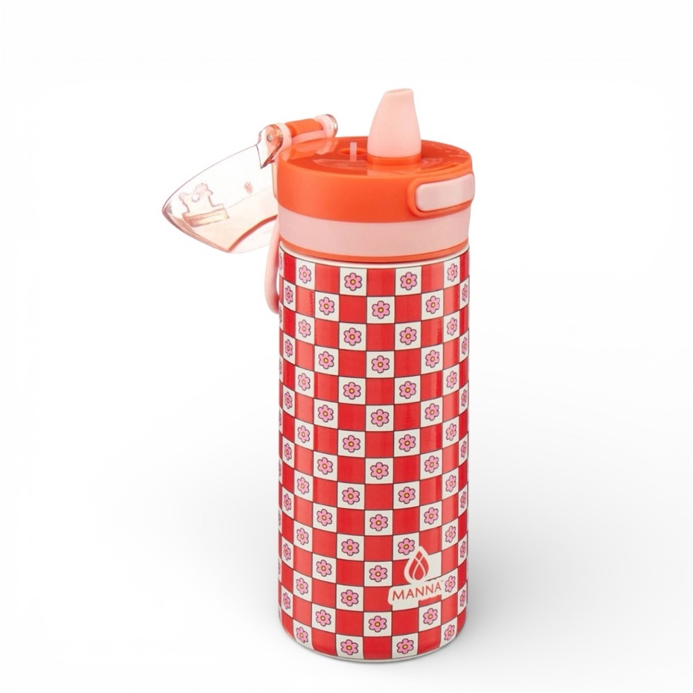 Manna 18oz Orange & Red Floral Check Leak-Proof Water Bottle - Picture 2 of 3